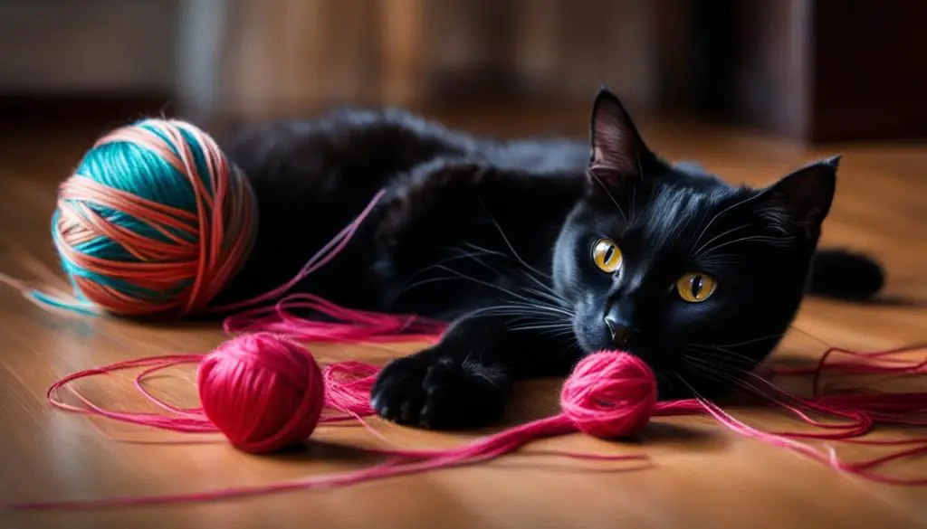 black cat playing with yarn