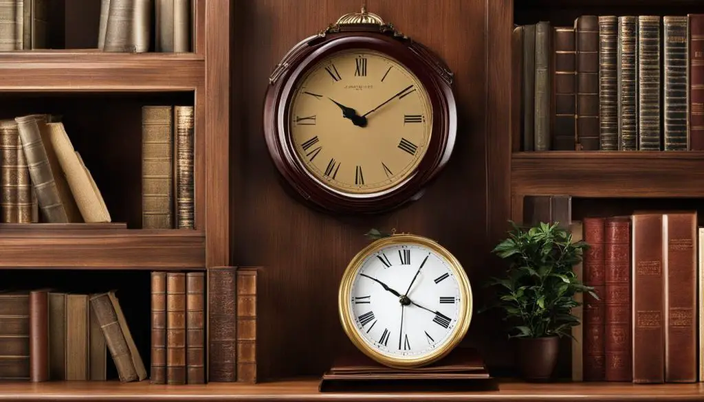 clock above bookshelf