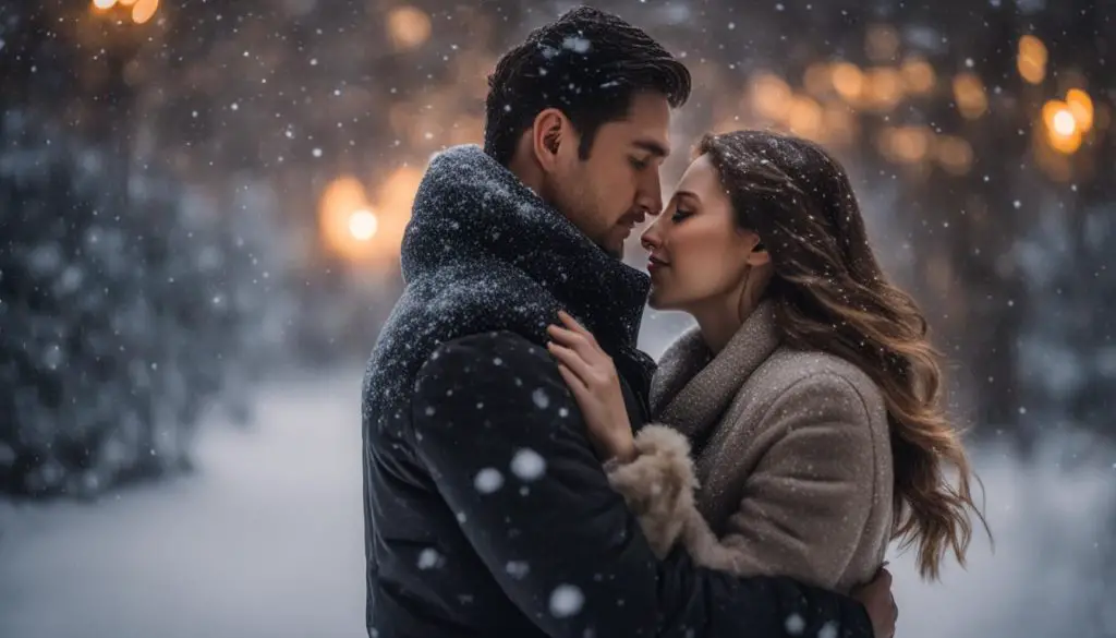 romantic snow kiss