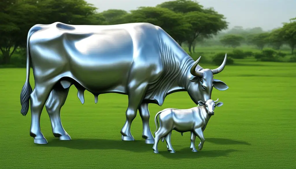 silver Kamdhenu cow and calf statue